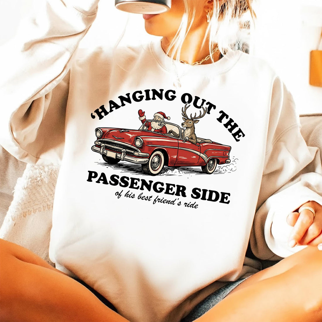 Hanging Out the Passenger Side Christmas T-Shirt – Funny Santa & Reindeer Car Parody Shirt