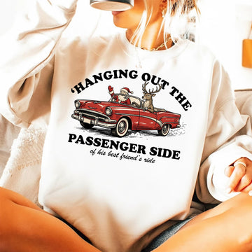 Hanging Out the Passenger Side Christmas T-Shirt – Funny Santa & Reindeer Car Parody Shirt