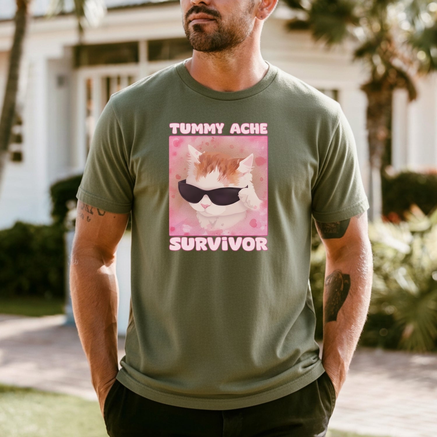 Tummy Ache Survivor Shirt – Funny Cat Meme Tee – Trendy Goofy Cat Graphic for Women