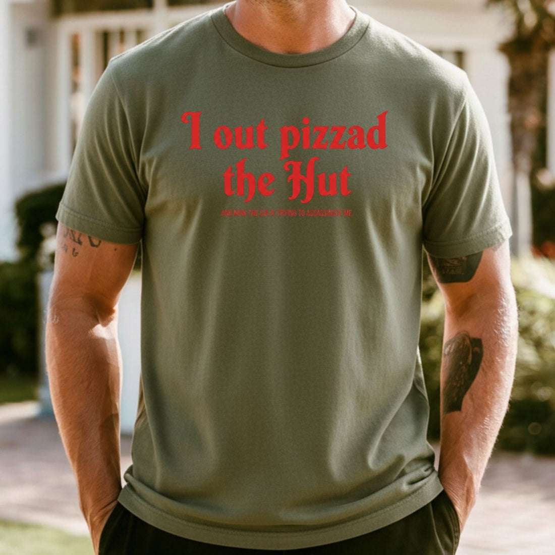 I Out Pizza the Hut CIA Assassinate Me T-Shirt - Retro Y2K Graphic Tee - Funny Internet Humor Shirt for Adults