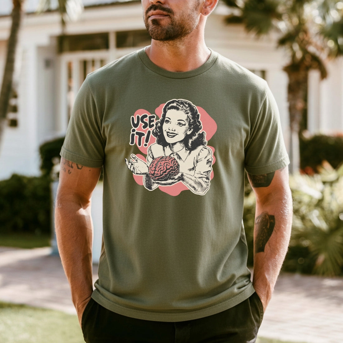 Use Your Brain Graphic T-Shirt – Sarcastic Vintage Tee – Funny Retro 50s Ad Parody
