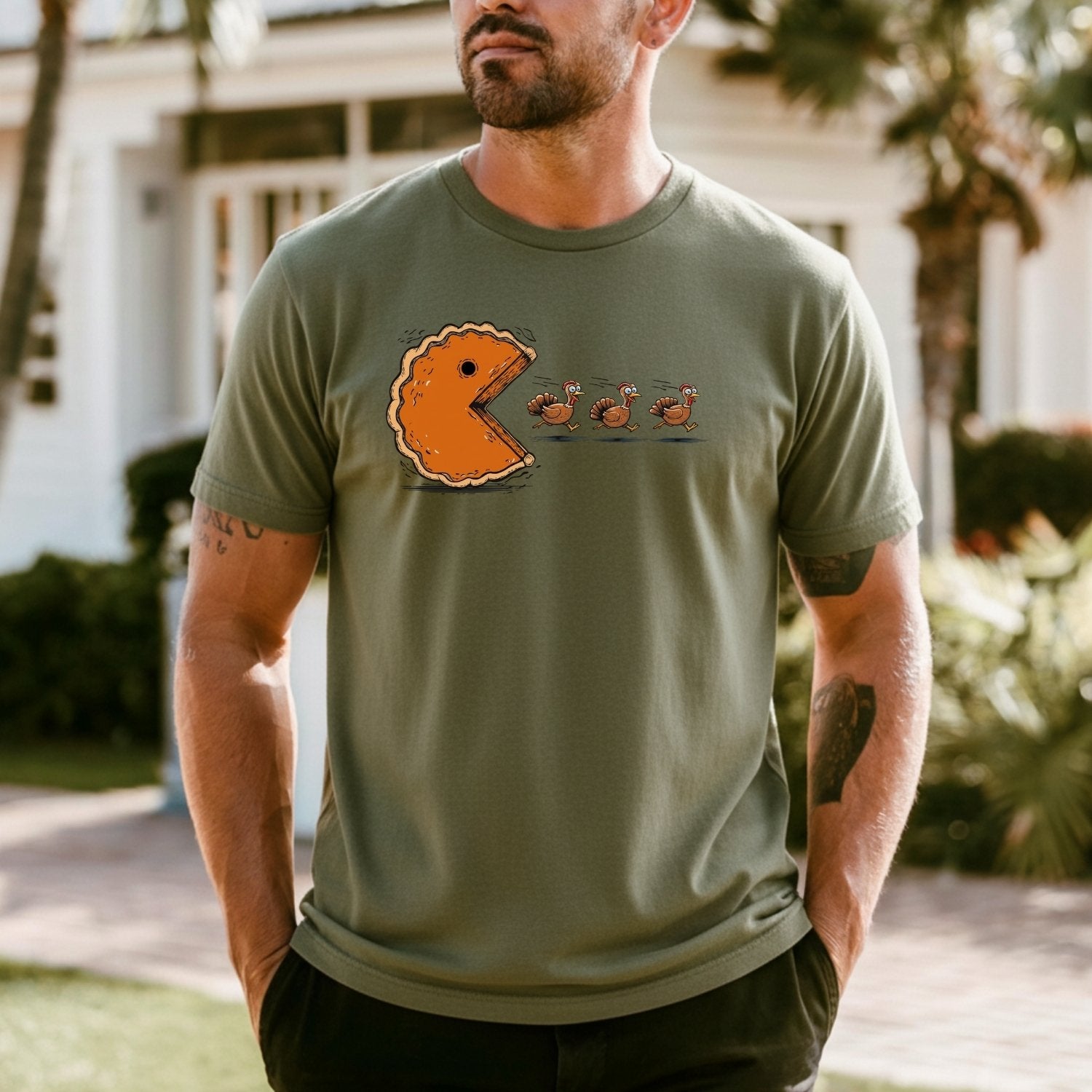 Retro Thanksgiving Pumpkin Pie Chasing Turkey Shirt – Funny Fall Vibes Tee