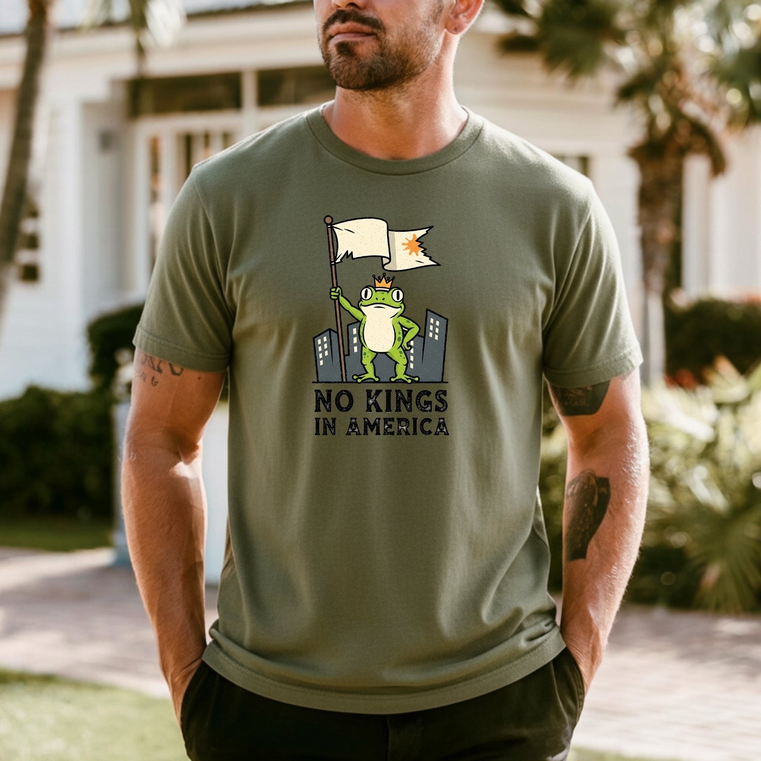 No Kings in America Frog T-Shirt – Rebellious Cartoon Graphic Tee – Funny Freedom Design