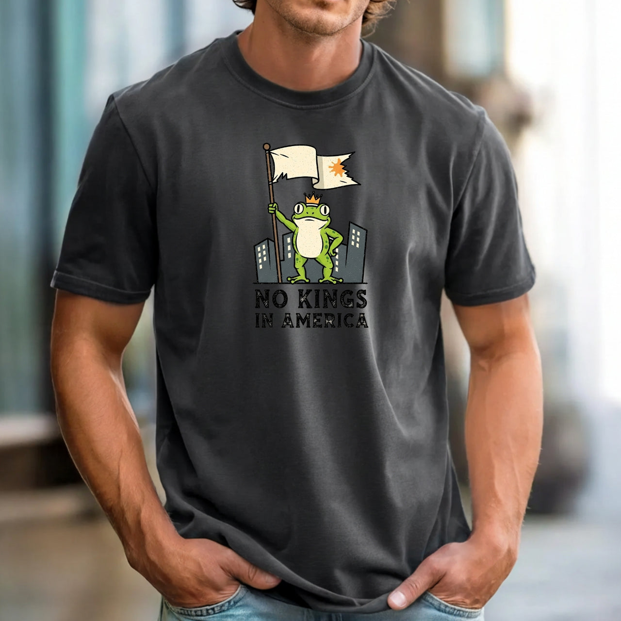 No Kings in America Frog T-Shirt – Rebellious Cartoon Graphic Tee – Funny Freedom Design