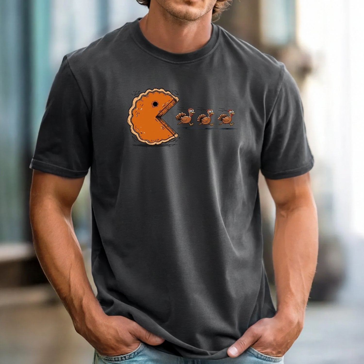 Retro Thanksgiving Pumpkin Pie Chasing Turkey Shirt – Funny Fall Vibes Tee