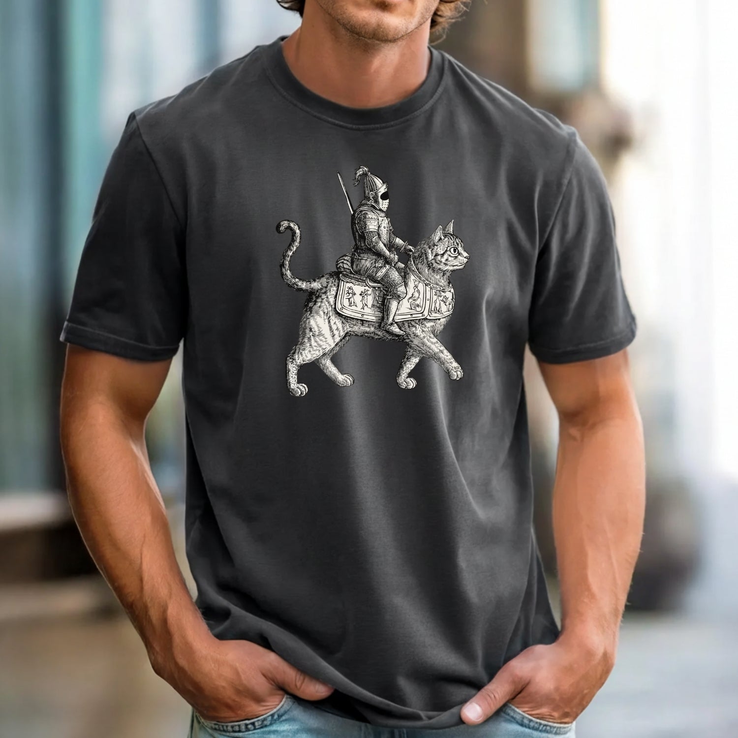 Retro Cat Knight Graphic T-Shirt – Vintage Medieval Tattoo Style – Dark Y2K Kitten Tee