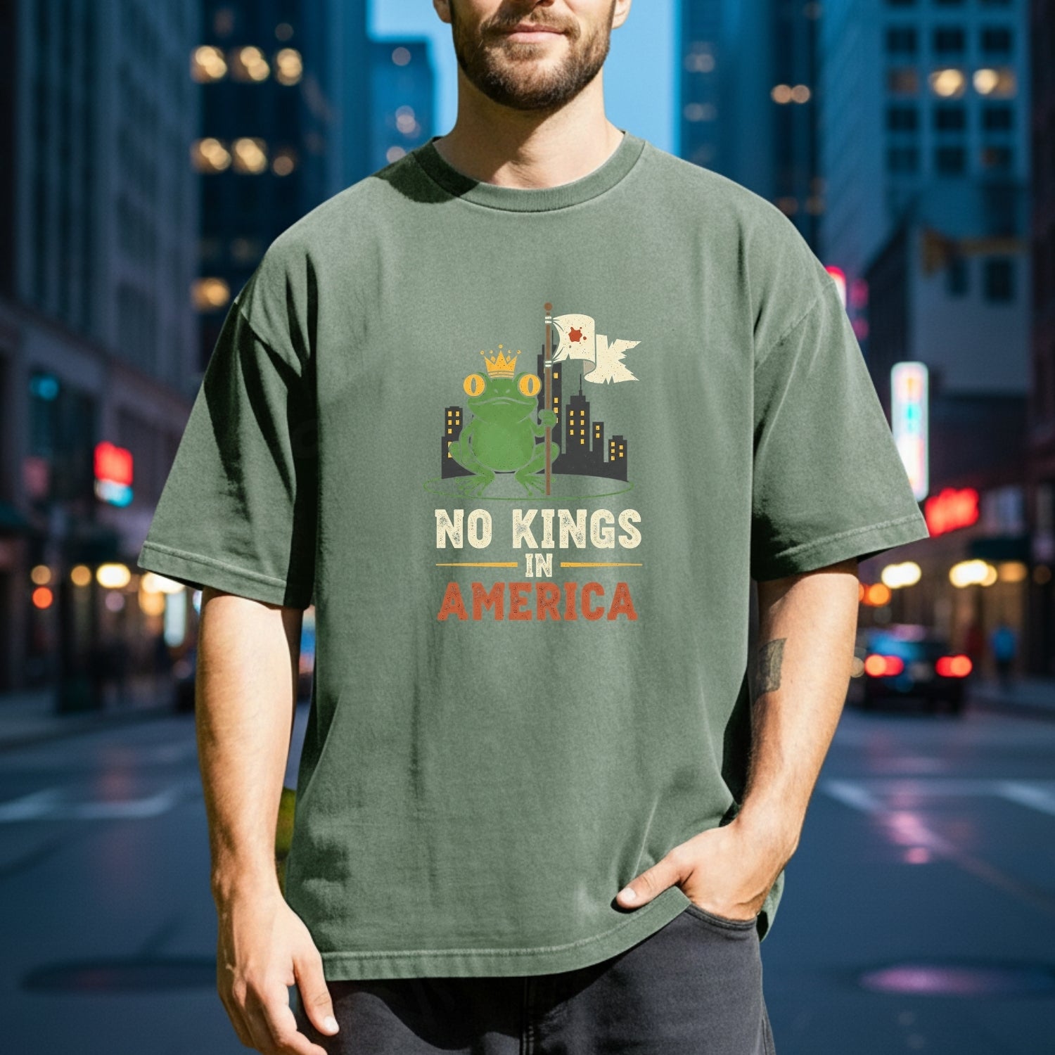 No Kings In American Frog Tee – Funny Cartoon Graphic T-Shirt – Patriotic Rebellion Top