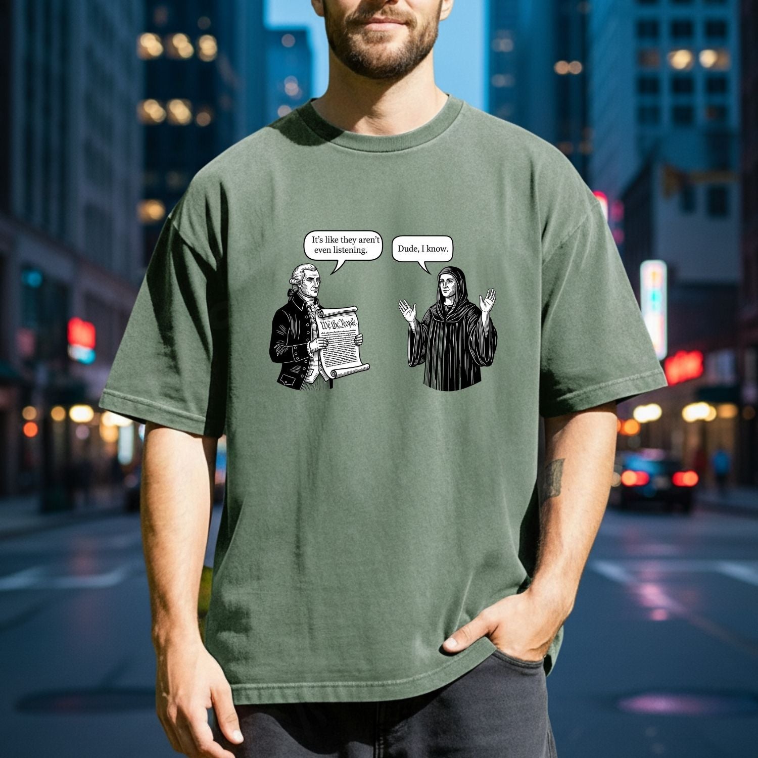 George and Jesus Tee – Retro USA Inspired Graphic Shirt – Vintage Patriotic Design