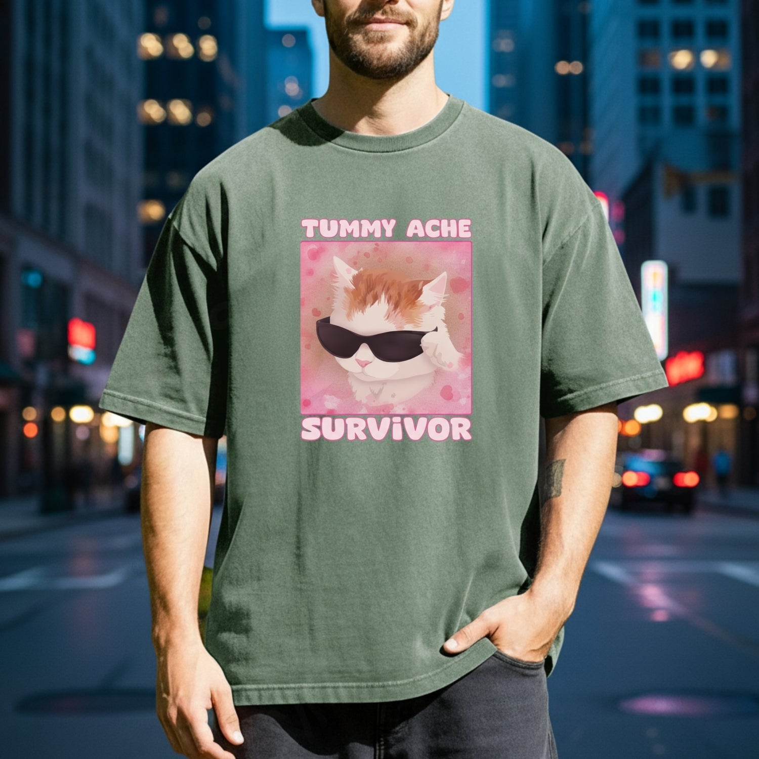 Tummy Ache Survivor Shirt – Funny Cat Meme Tee – Trendy Goofy Cat Graphic for Women