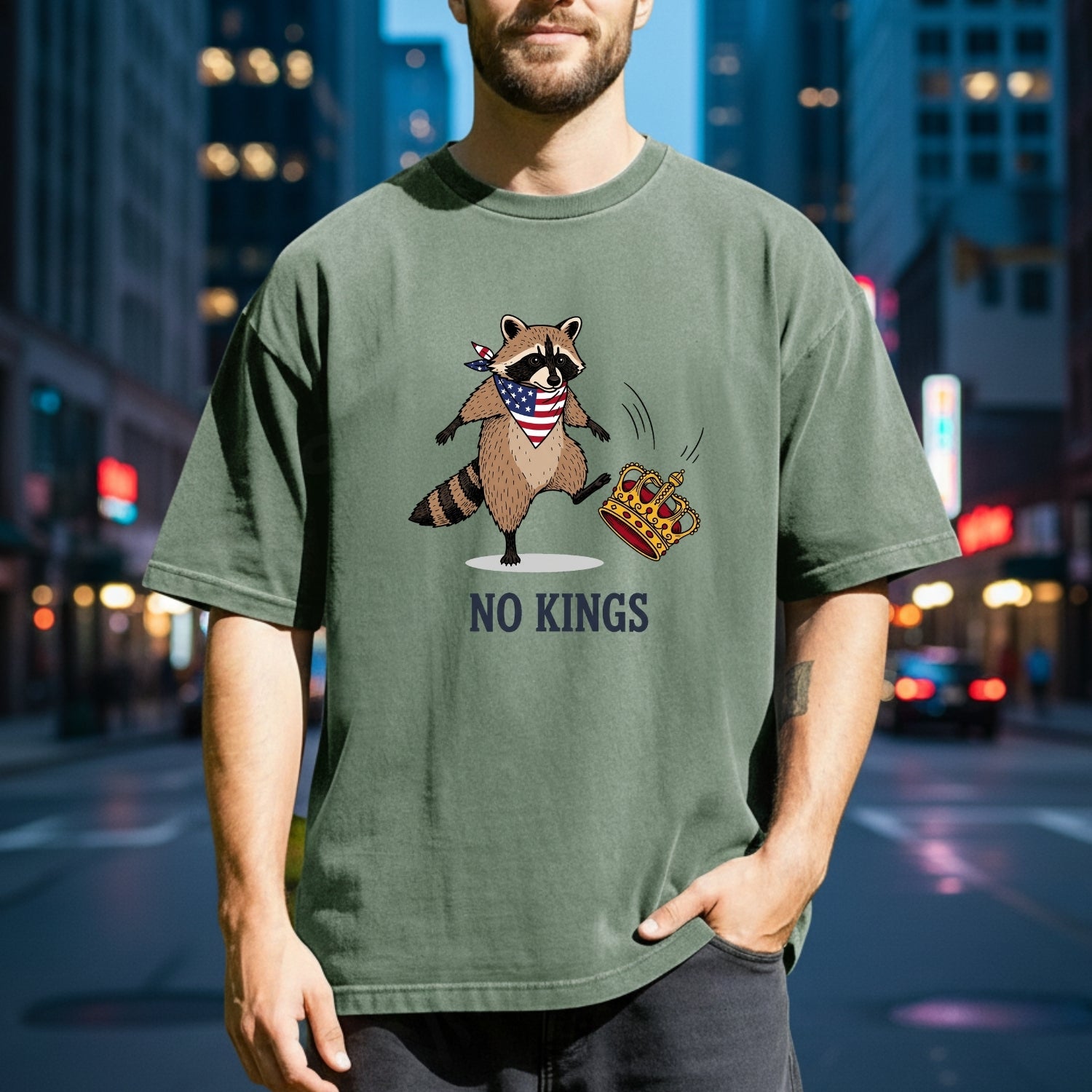 No Kings Raccoon T-Shirt – Funny American Rebel Tee – Patriotic Humor Graphic Top