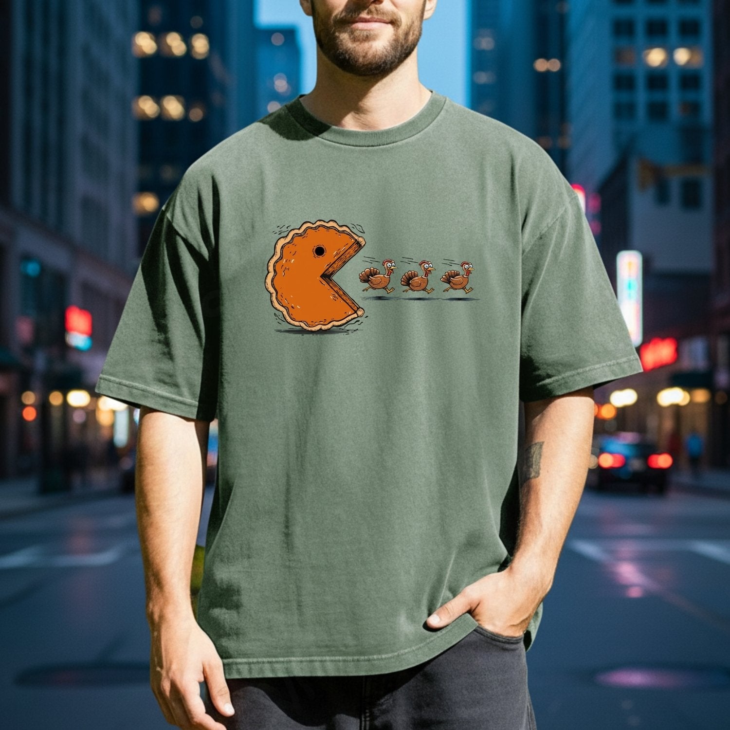 Retro Thanksgiving Pumpkin Pie Chasing Turkey Shirt – Funny Fall Vibes Tee