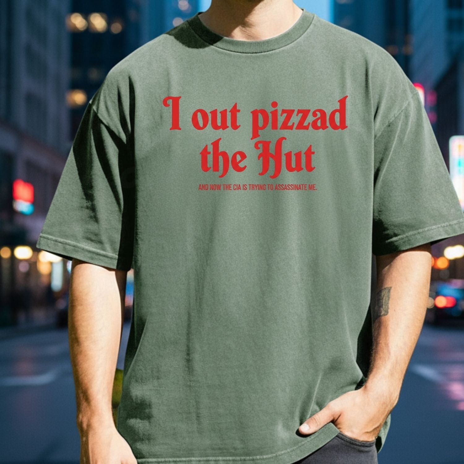 I Out Pizza the Hut CIA Assassinate Me T-Shirt - Retro Y2K Graphic Tee - Funny Internet Humor Shirt for Adults