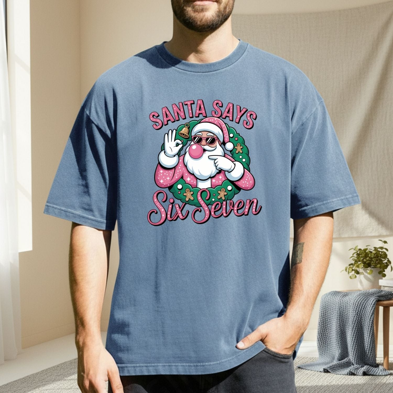 Funny Pink Santa Says Six Seven T-Shirt – Christmas Meme Graphic Tee
