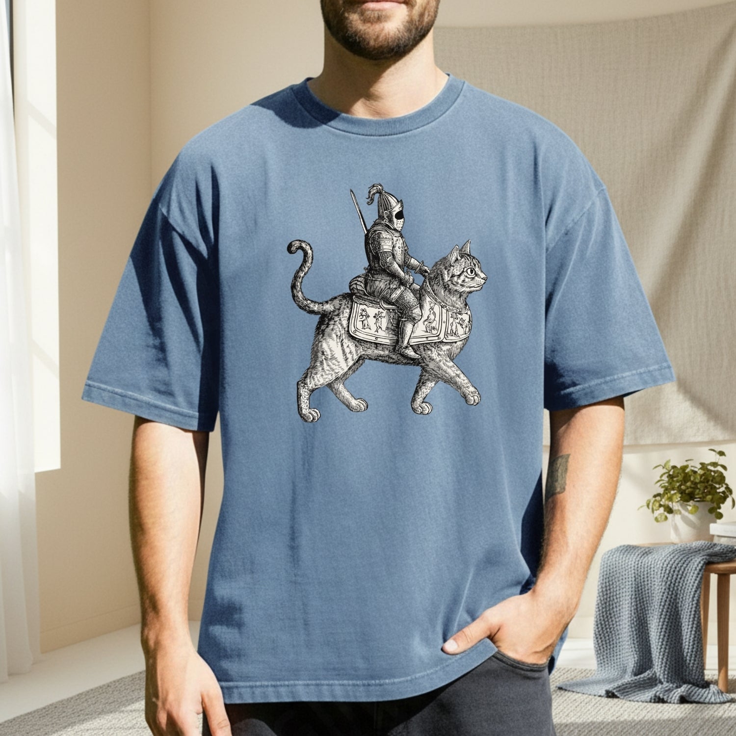 Retro Cat Knight Graphic T-Shirt – Vintage Medieval Tattoo Style – Dark Y2K Kitten Tee