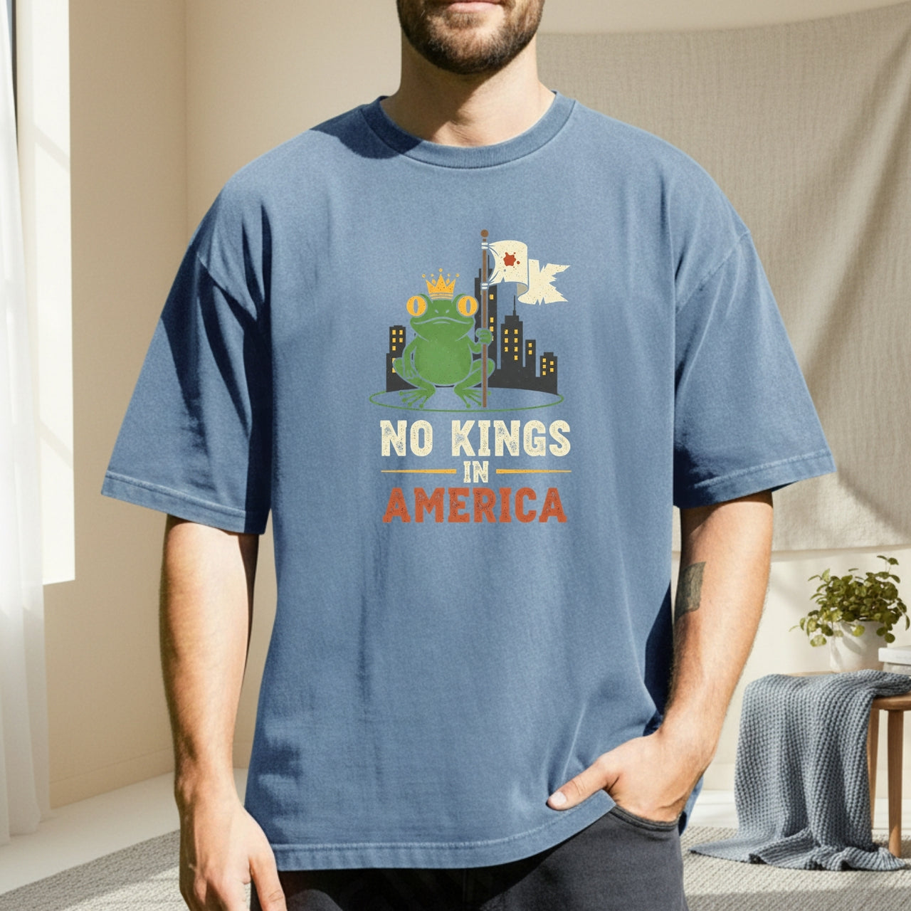 No Kings In American Frog Tee – Funny Cartoon Graphic T-Shirt – Patriotic Rebellion Top