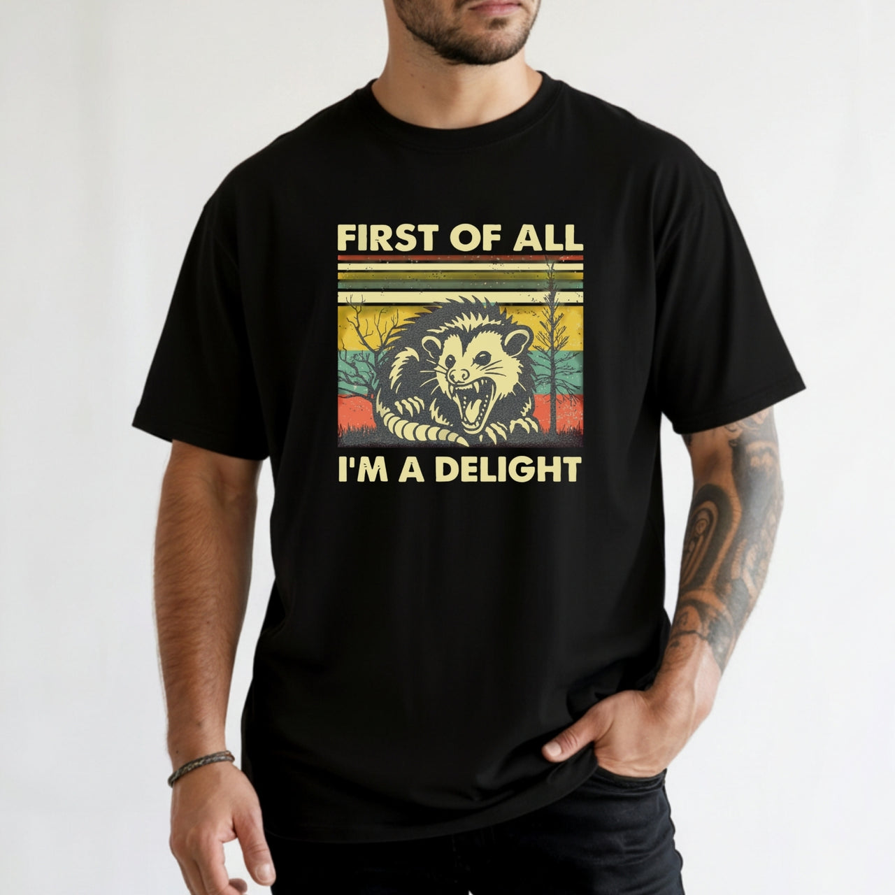 First of All I’m a Delight T-Shirt – Funny Opossum Tee – Possum Lover Humor Gift