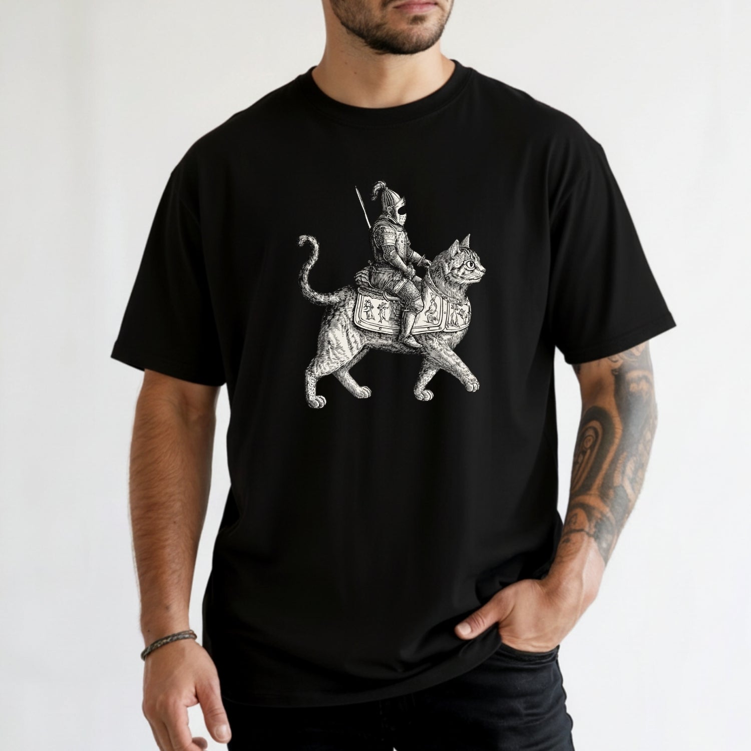 Retro Cat Knight Graphic T-Shirt – Vintage Medieval Tattoo Style – Dark Y2K Kitten Tee