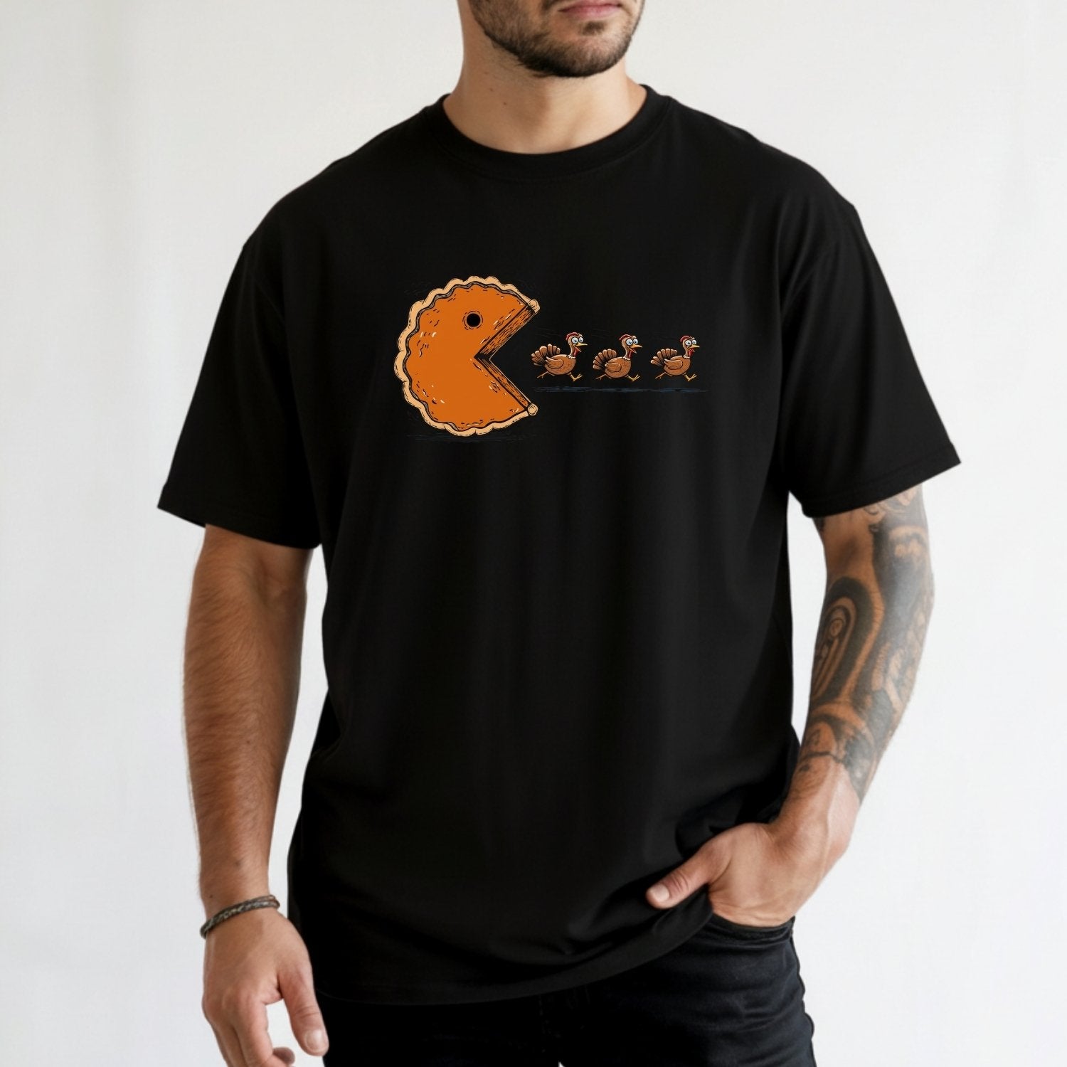 Retro Thanksgiving Pumpkin Pie Chasing Turkey Shirt – Funny Fall Vibes Tee