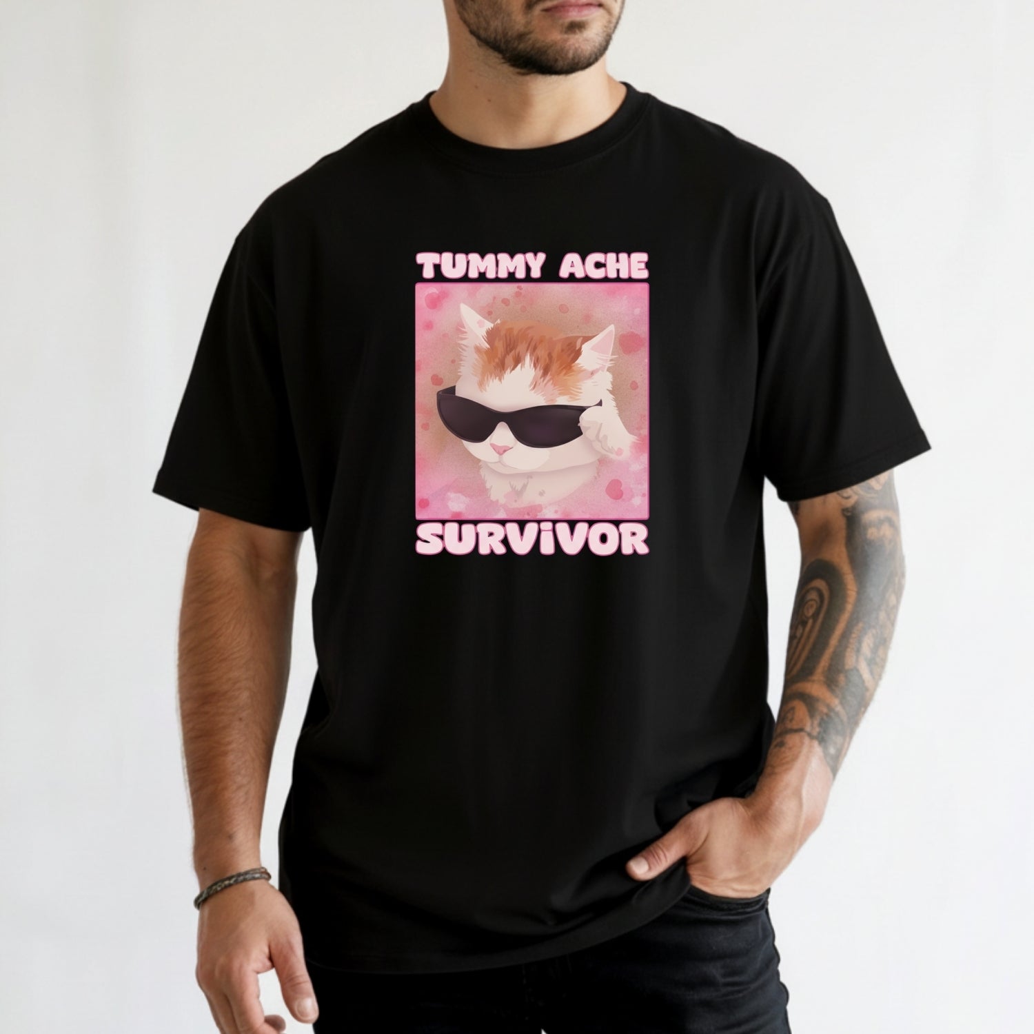 Tummy Ache Survivor Shirt – Funny Cat Meme Tee – Trendy Goofy Cat Graphic for Women