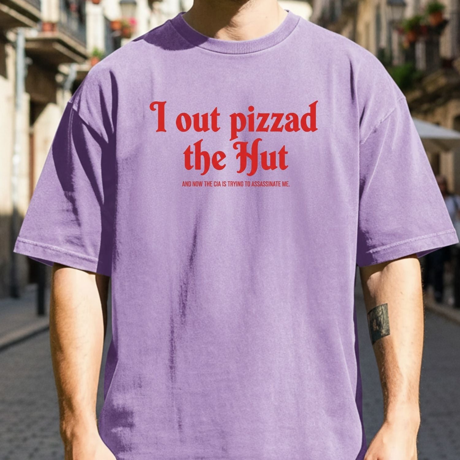 I Out Pizza the Hut CIA Assassinate Me T-Shirt - Retro Y2K Graphic Tee - Funny Internet Humor Shirt for Adults