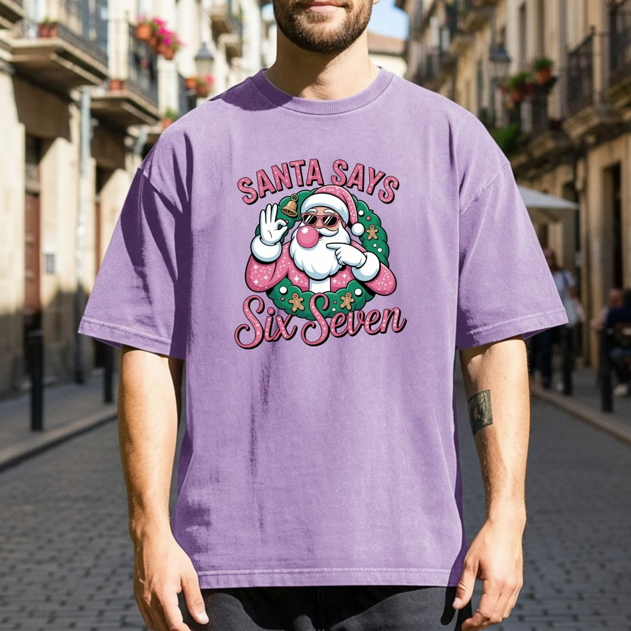 Funny Pink Santa Says Six Seven T-Shirt – Christmas Meme Graphic Tee