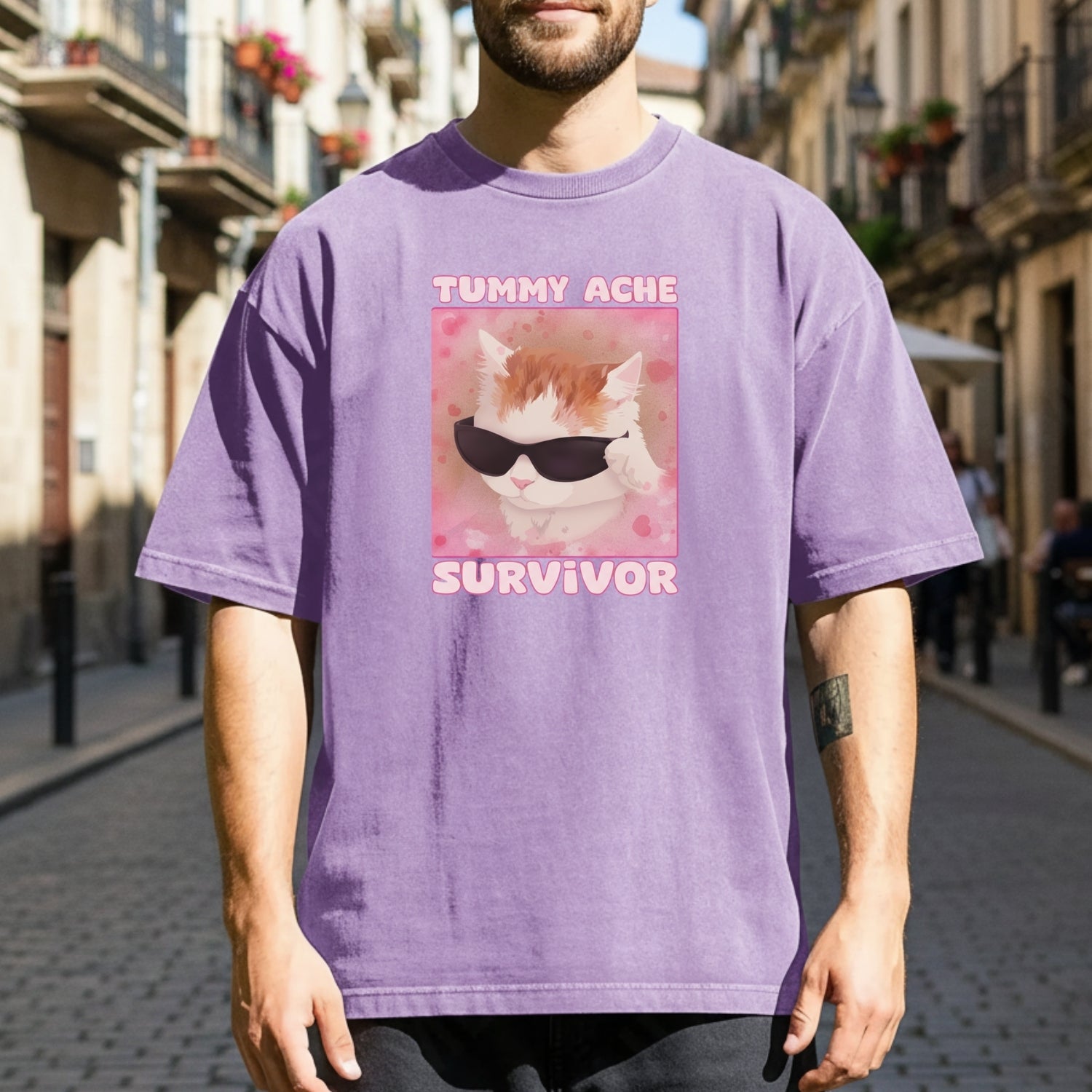 Tummy Ache Survivor Shirt – Funny Cat Meme Tee – Trendy Goofy Cat Graphic for Women