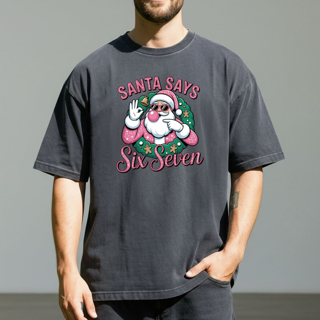 Funny Pink Santa Says Six Seven T-Shirt – Christmas Meme Graphic Tee
