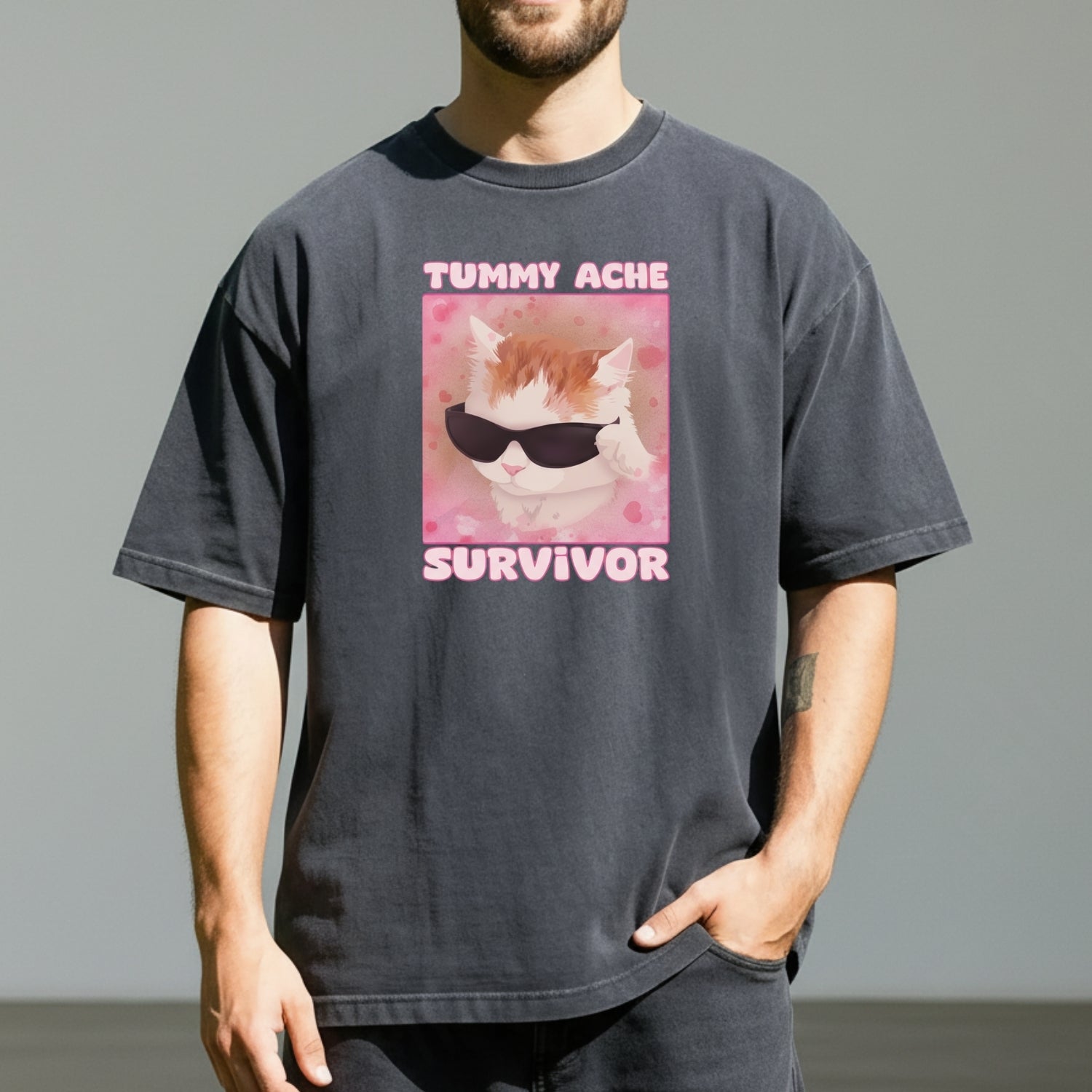 Tummy Ache Survivor Shirt – Funny Cat Meme Tee – Trendy Goofy Cat Graphic for Women