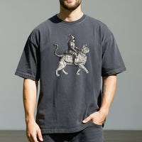 Retro Cat Knight Graphic T-Shirt – Vintage Medieval Tattoo Style – Dark Y2K Kitten Tee
