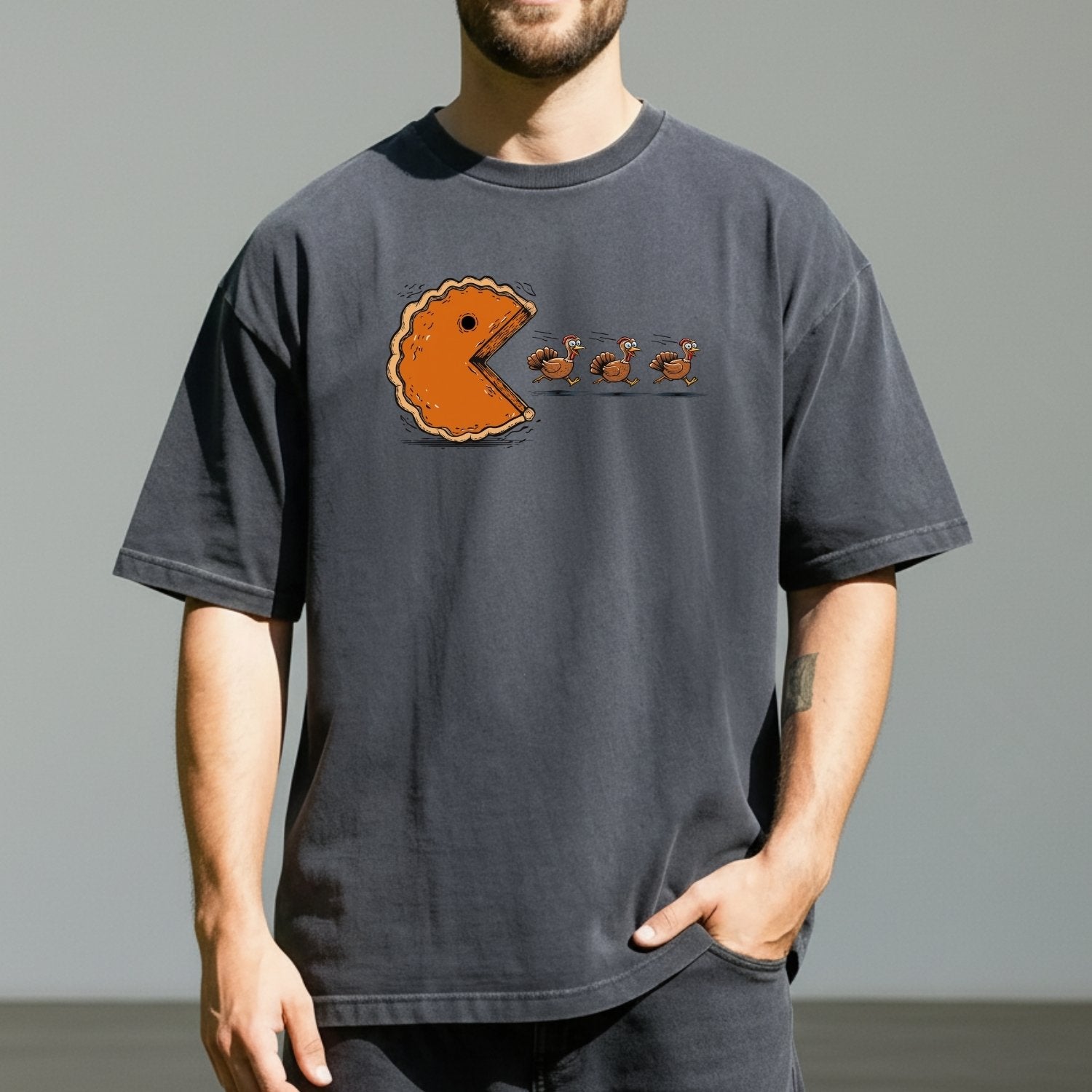 Retro Thanksgiving Pumpkin Pie Chasing Turkey Shirt – Funny Fall Vibes Tee