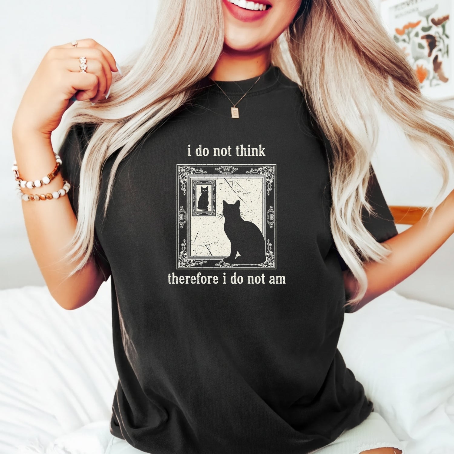 I Do Not Think Therefore I Do Not Am T-Shirt – Funny Cat Tee – Retro Grunge Vintage Style