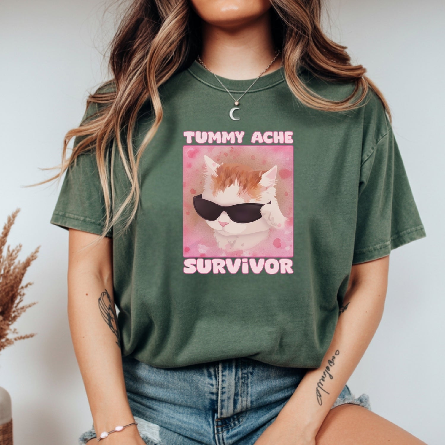 Tummy Ache Survivor Shirt – Funny Cat Meme Tee – Trendy Goofy Cat Graphic for Women