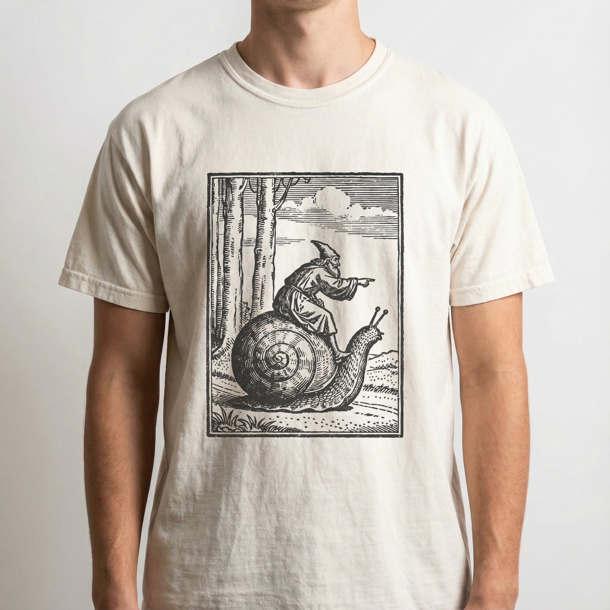 Retro Medieval Snail Rider Graphic T-Shirt - Vintage Fantasy Humor Tee