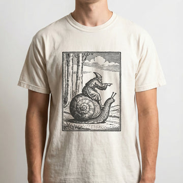 Retro Medieval Snail Rider Graphic T-Shirt - Vintage Fantasy Humor Tee