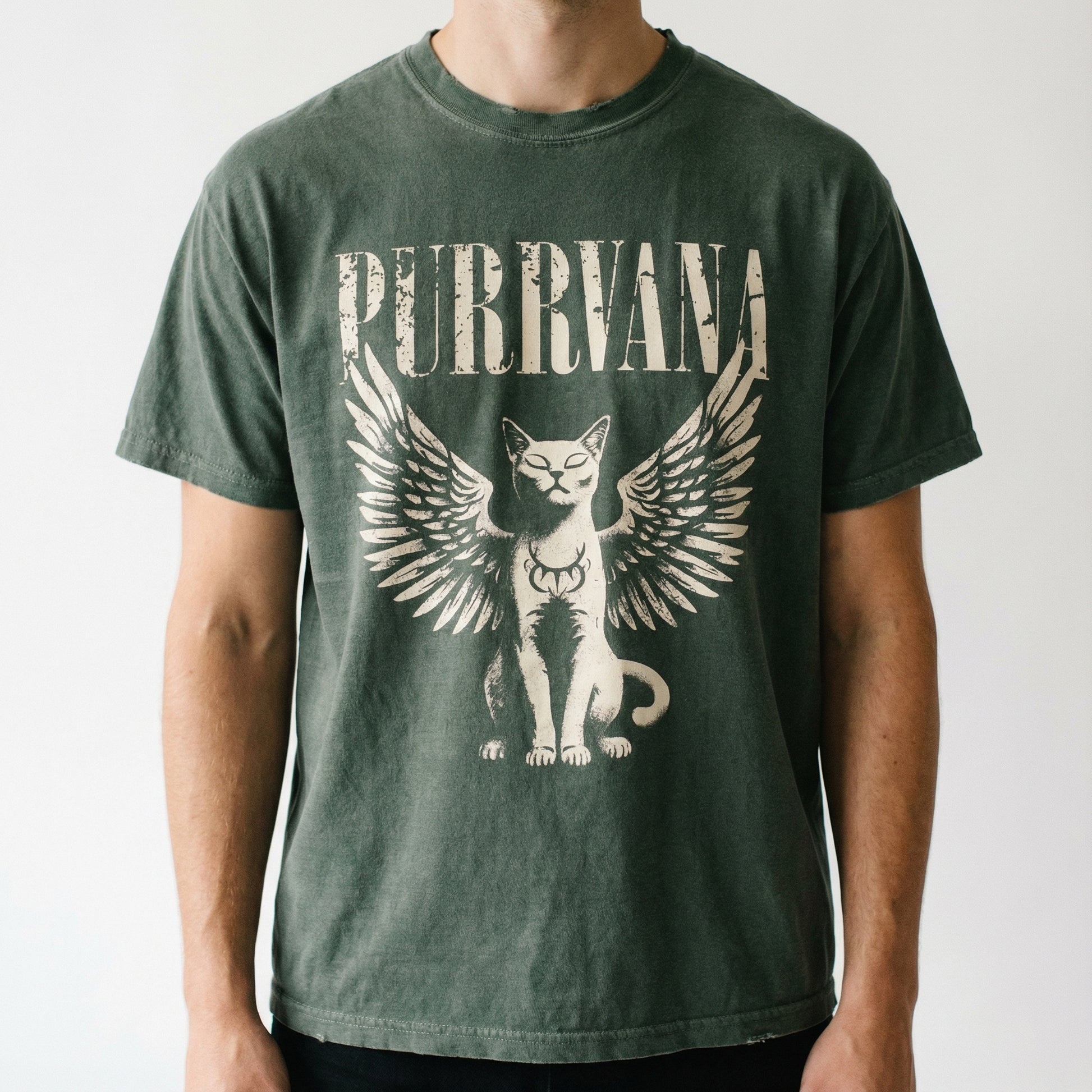 Retro Purrvana Angel Cat Graphic T-Shirt - Vintage Funny Cat Tee