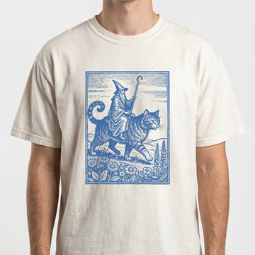 Wizard Cat Rider Graphic T-Shirt - Vintage Fantasy Humor Tee