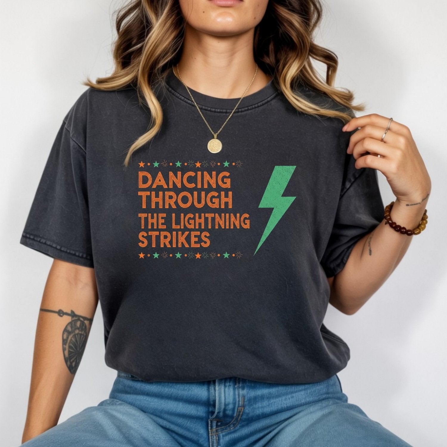 Dancing Through the Lightning Strikes Shirt – Opalite Sky Showgirl Era Tee