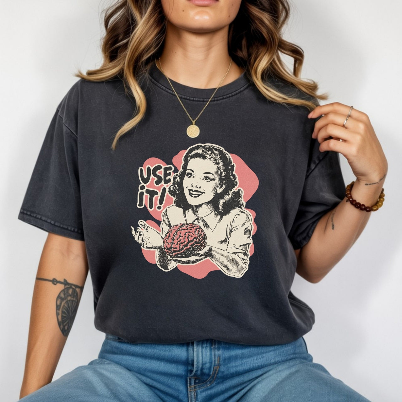 Use Your Brain Graphic T-Shirt – Sarcastic Vintage Tee – Funny Retro 50s Ad Parody