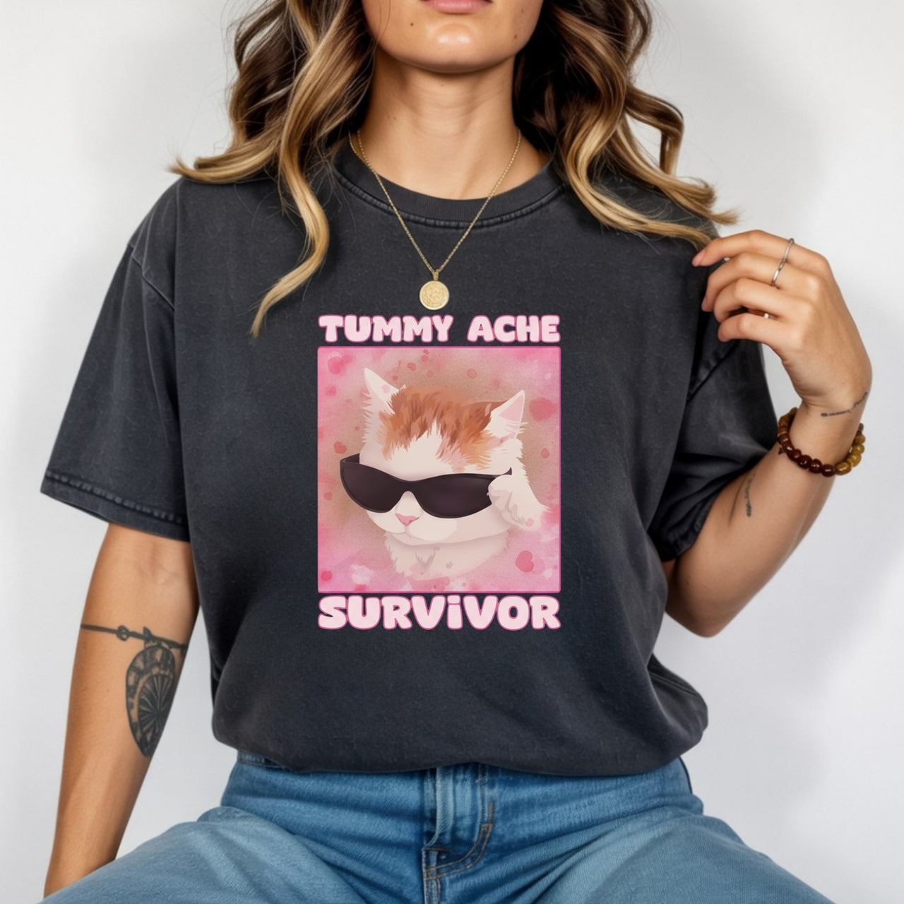 Tummy Ache Survivor Shirt – Funny Cat Meme Tee – Trendy Goofy Cat Graphic for Women