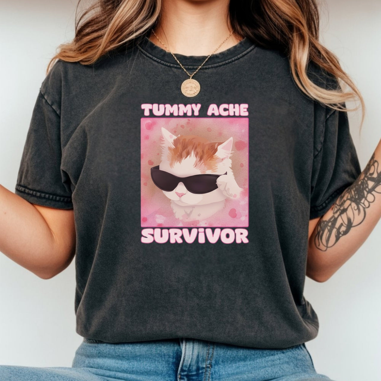 Tummy Ache Survivor Shirt – Funny Cat Meme Tee – Trendy Goofy Cat Graphic for Women