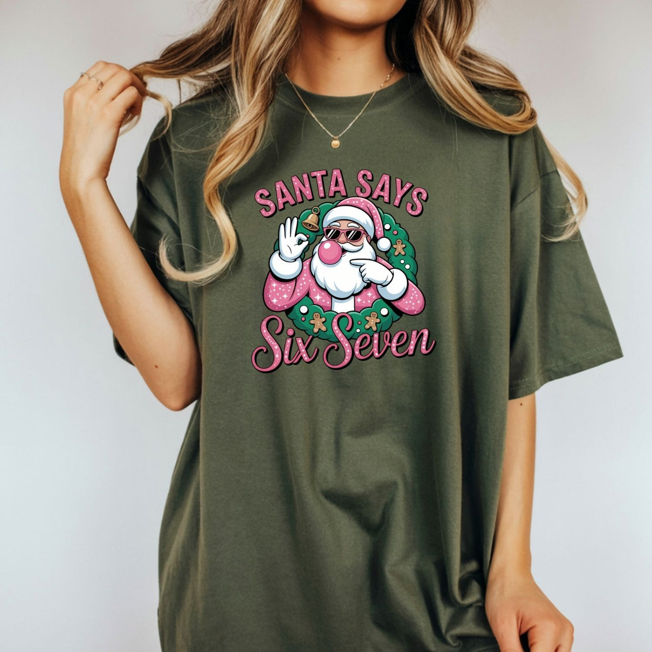 Funny Pink Santa Says Six Seven T-Shirt – Christmas Meme Graphic Tee