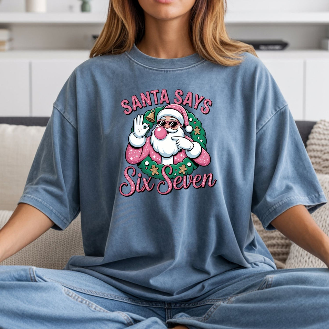 Funny Pink Santa Says Six Seven T-Shirt – Christmas Meme Graphic Tee