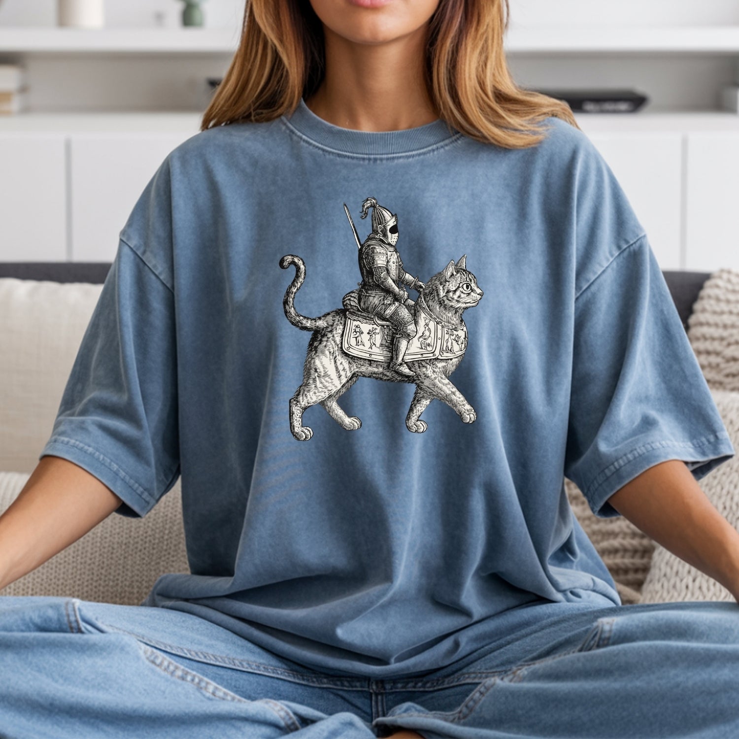 Retro Cat Knight Graphic T-Shirt – Vintage Medieval Tattoo Style – Dark Y2K Kitten Tee