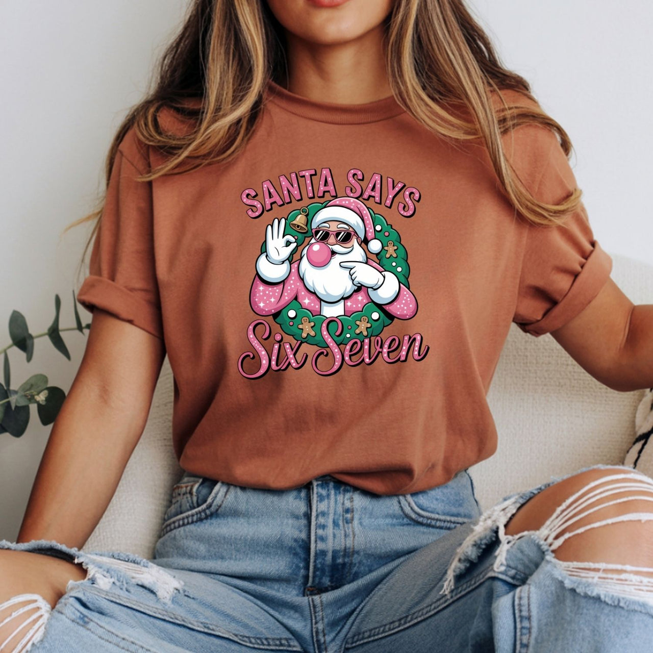 Funny Pink Santa Says Six Seven T-Shirt – Christmas Meme Graphic Tee