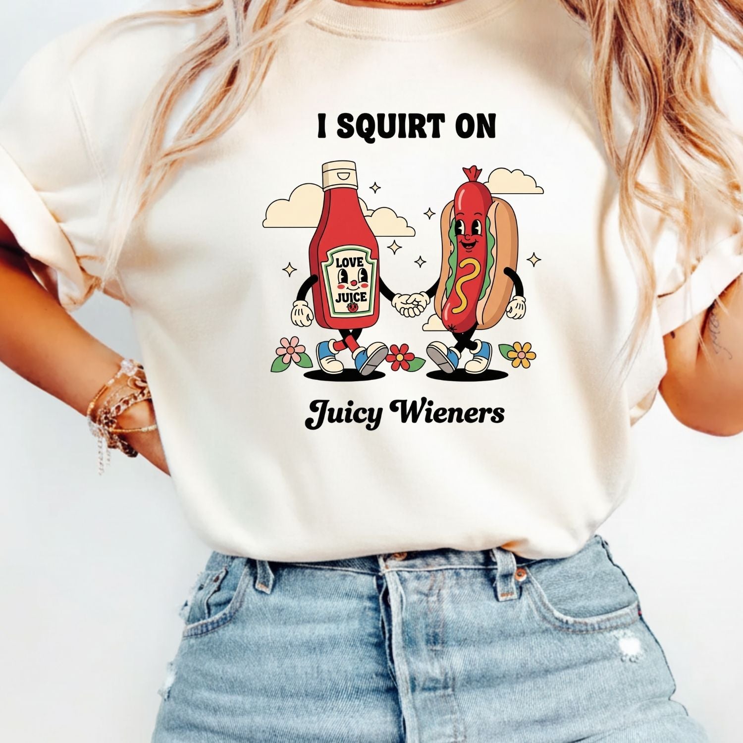 Funny I Squirt On Juicy Wieners Graphic Tee - Hot Dog Meme Shirt - Silly Inappropriate T-Shirt for Adults