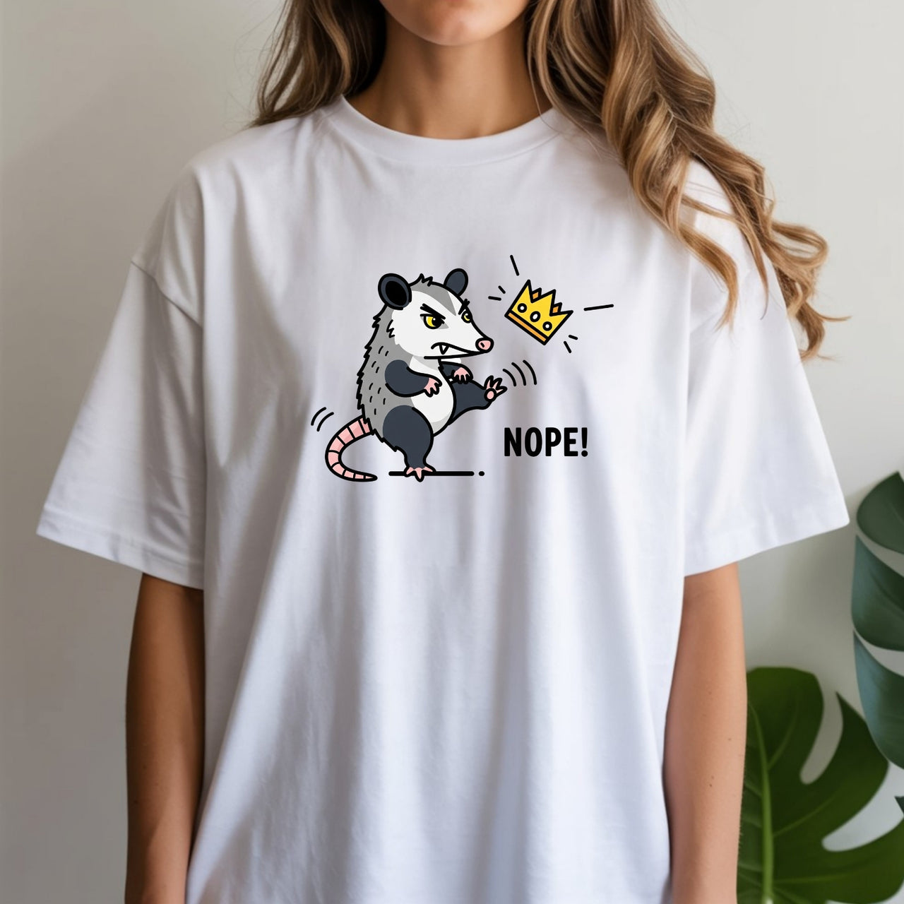 Nope Possum T-Shirt – No Kings Funny Graphic Tee – Grumpy Opossum Kicking Crown