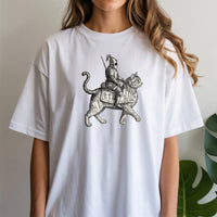 Retro Cat Knight Graphic T-Shirt – Vintage Medieval Tattoo Style – Dark Y2K Kitten Tee