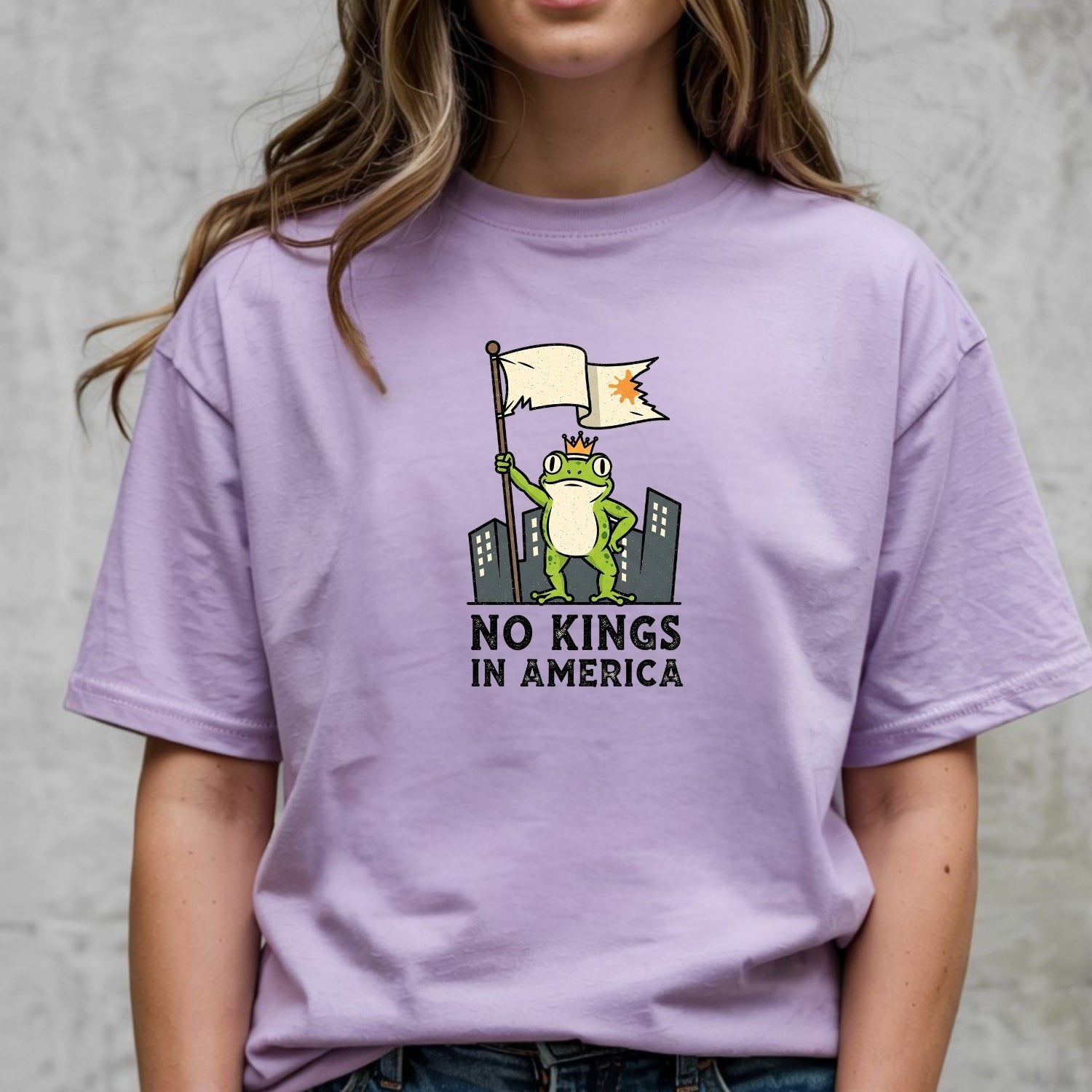 No Kings in America Frog T-Shirt – Rebellious Cartoon Graphic Tee – Funny Freedom Design