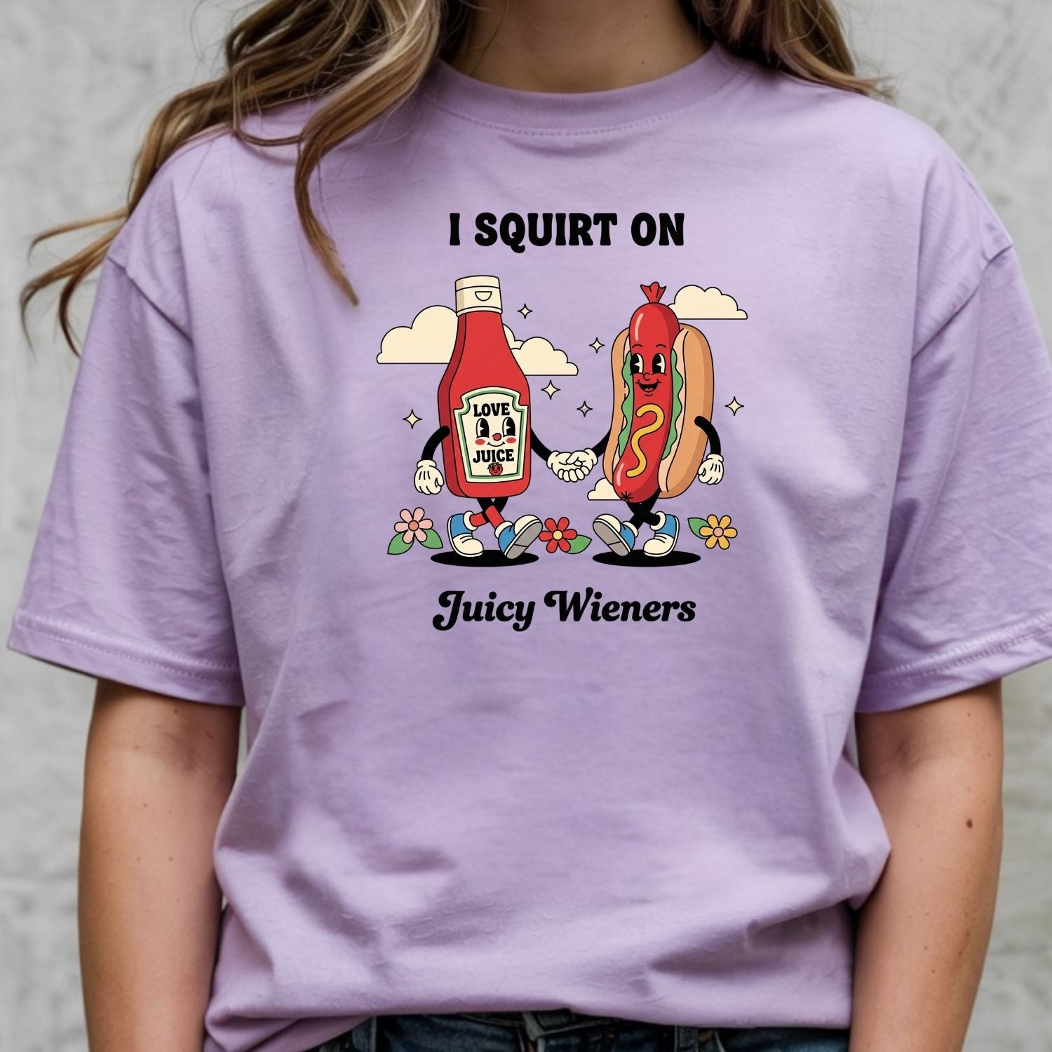 Funny I Squirt On Juicy Wieners Graphic Tee - Hot Dog Meme Shirt - Silly Inappropriate T-Shirt for Adults