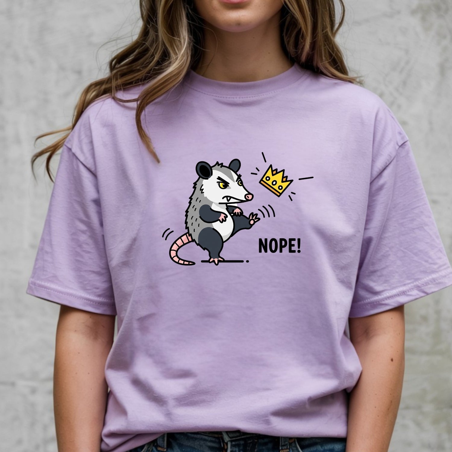 Nope Possum T-Shirt – No Kings Funny Graphic Tee – Grumpy Opossum Kicking Crown